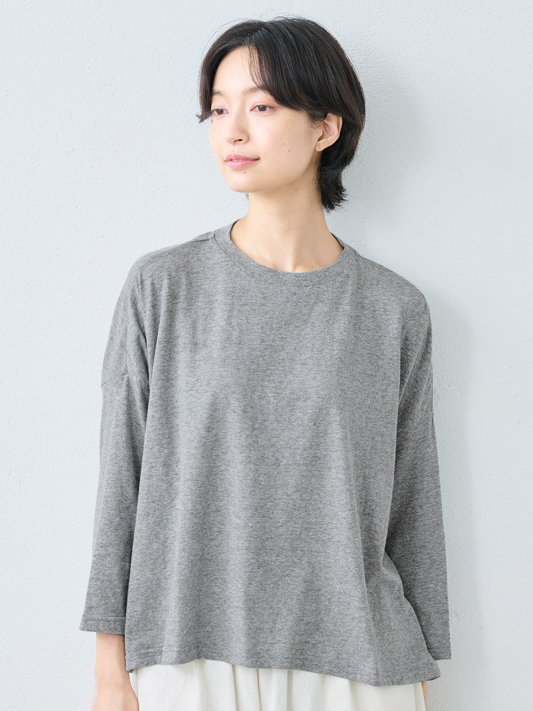 シルクネップ天竺ドロップショルダー八分袖Tシャツ 