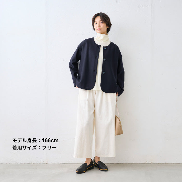 圧縮ウール100% 裏地付き ノーカラージャケット ネイビー