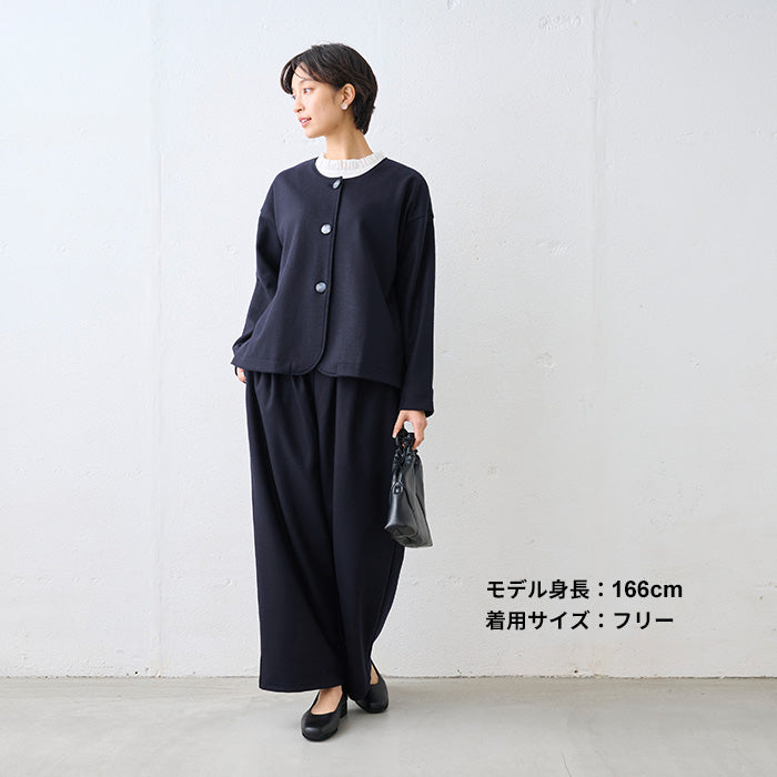 圧縮ウール100% 裏地付き ノーカラージャケット ネイビー