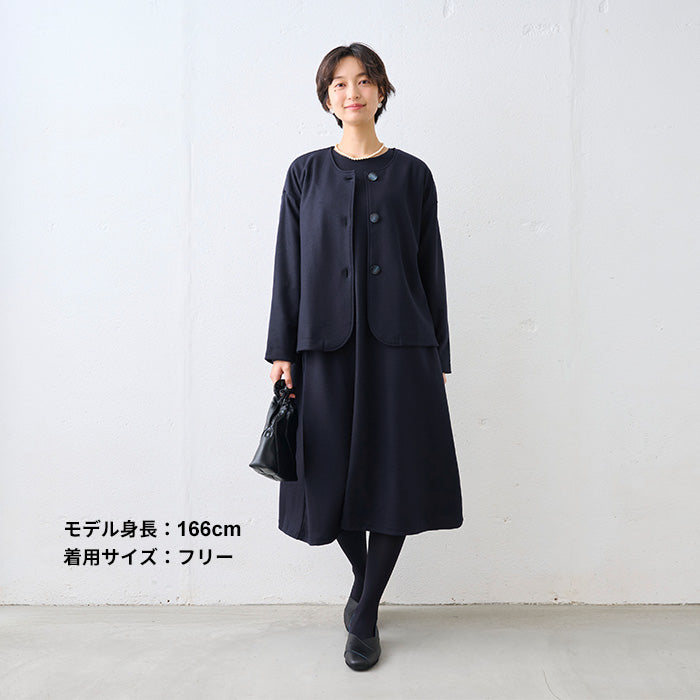 圧縮ウール100% 裏地付き ノーカラージャケット ネイビー