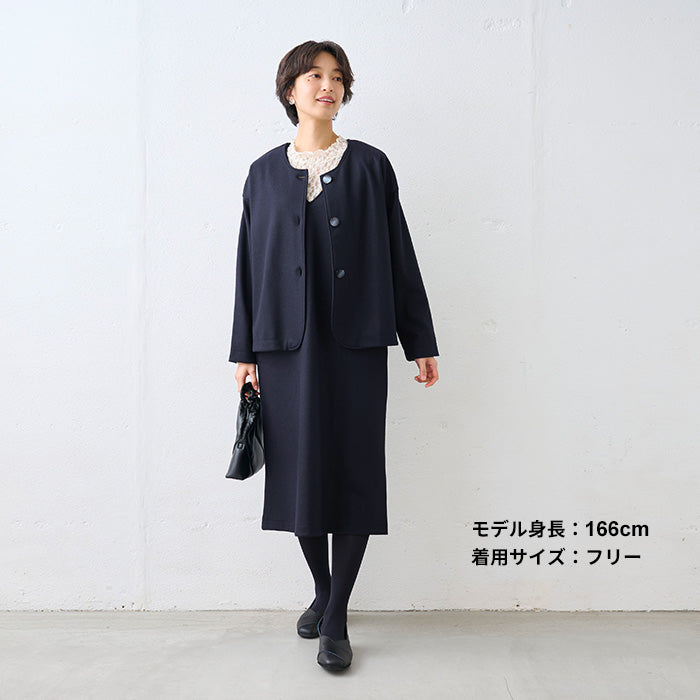 圧縮ウール100% 裏地付き ノーカラージャケット ネイビー