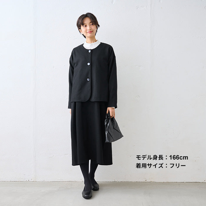 圧縮ウール100% 裏地付き ノーカラージャケット ブラック