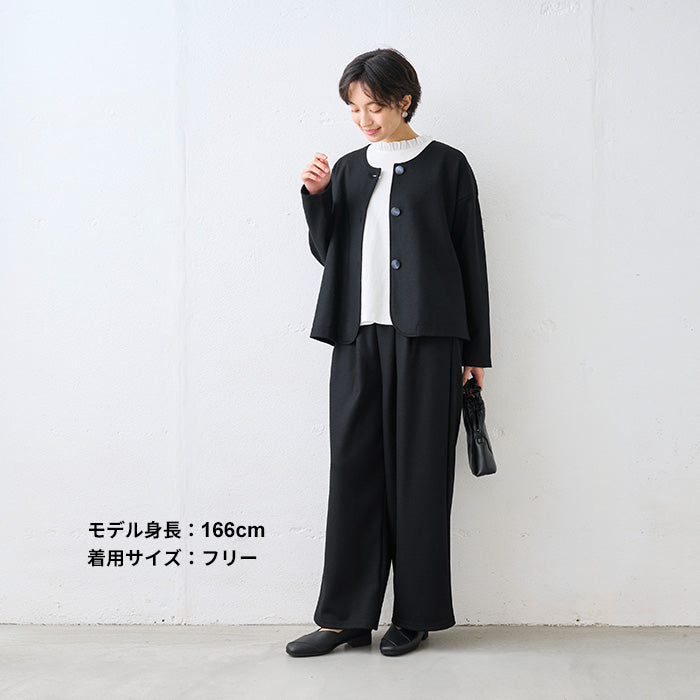 圧縮ウール100% 裏地付き ノーカラージャケット ブラック