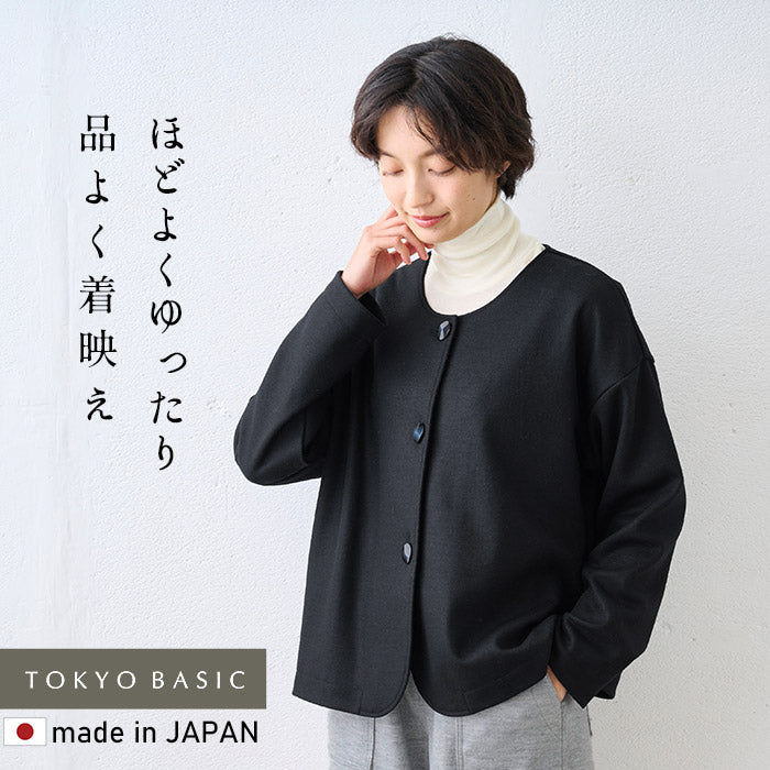 圧縮ウール100% 裏地付き ノーカラージャケット ブラック