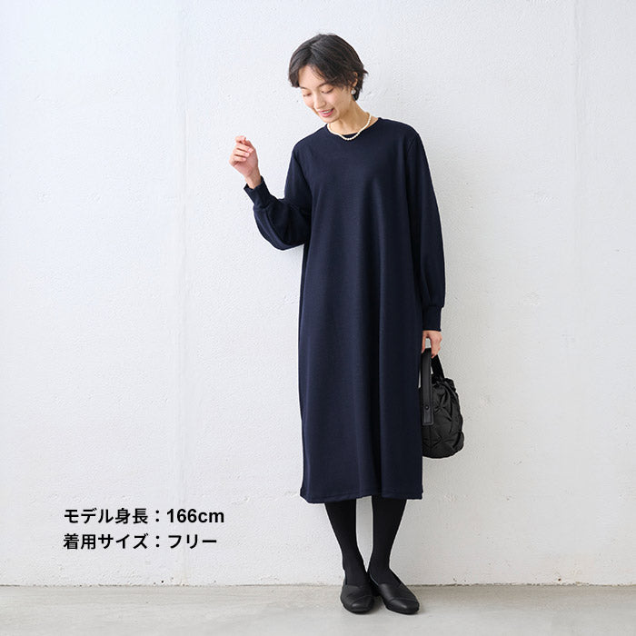 圧縮ウール100% クルーネック 袖タック ワンピース ネイビー