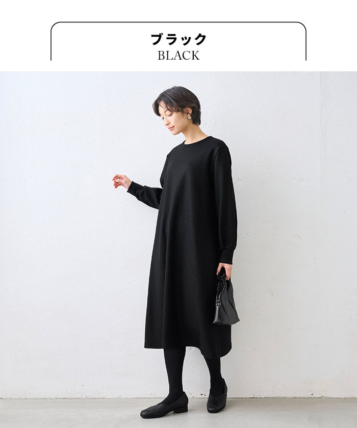 圧縮ウール100% クルーネック 袖タック ワンピース ブラック