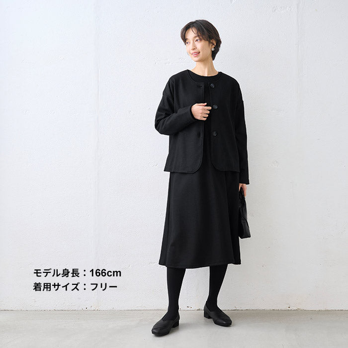 圧縮ウール100% クルーネック 袖タック ワンピース ブラック