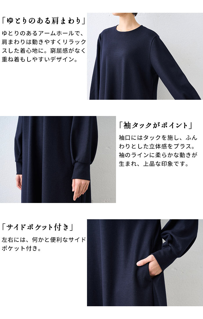 圧縮ウール100% クルーネック 袖タック ワンピース ポイント