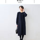 圧縮ウール100% クルーネック 袖タック ワンピース ネイビー