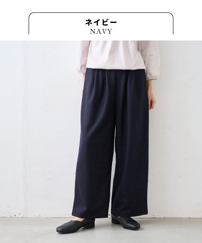 圧縮ウール100% 裏地付き 2タックワイドパンツ ネイビー