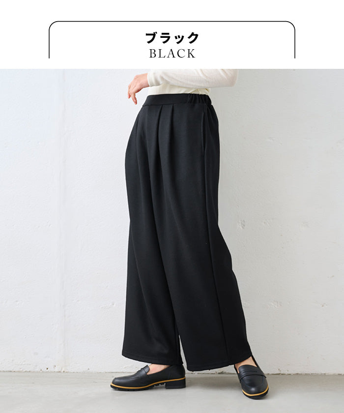 圧縮ウール100% 裏地付き 2タックワイドパンツ ブラック