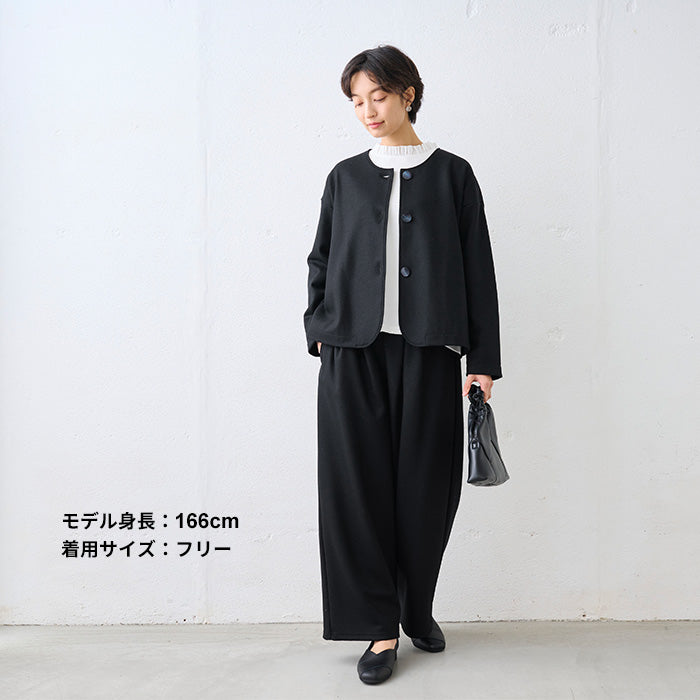 圧縮ウール100% 裏地付き 2タックワイドパンツ ブラック