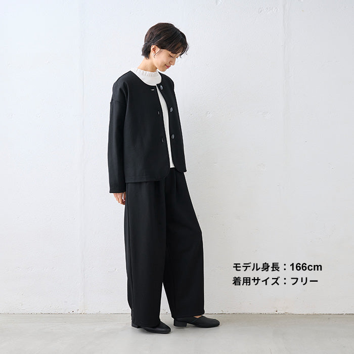 圧縮ウール100% 裏地付き 2タックワイドパンツ ブラック