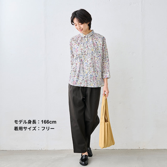 リバティプリント ギャザー使いシャツ ホワイト×パープル系(WildFlowers)