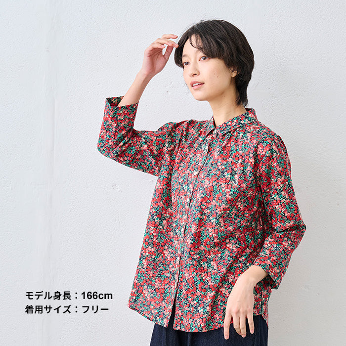 リバティプリント ギャザー使いシャツ レッド系(Wiltshire)