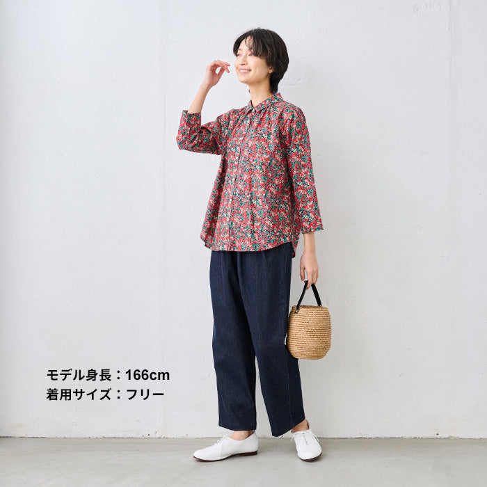 リバティプリント ギャザー使いシャツ レッド系(Wiltshire)