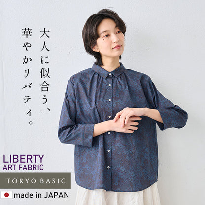 リバティプリント ギャザー使いシャツ グレイッシュネイビー系(PatrickGordon)