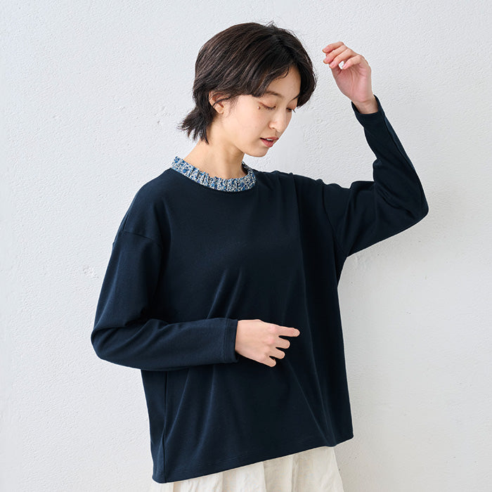 リバティ使い フリル襟 カットソー プルオーバー ネイビー