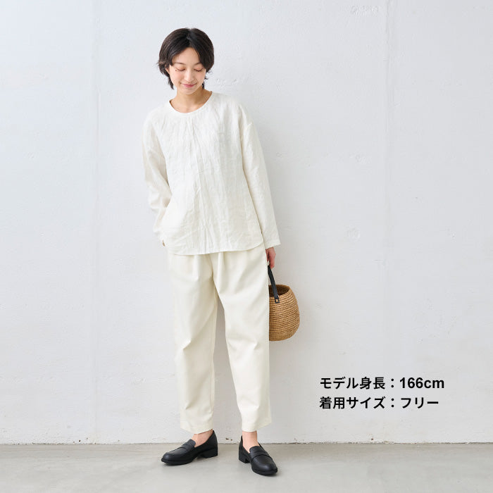 コットン100%しっかりツイル ワイドタックテーパードパンツ アイボリー