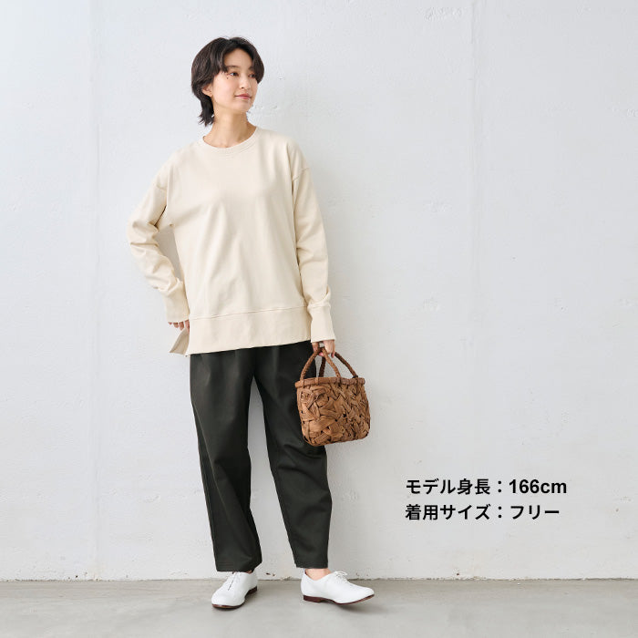 コットン100%しっかりツイル ワイドタックテーパードパンツ カーキグレー