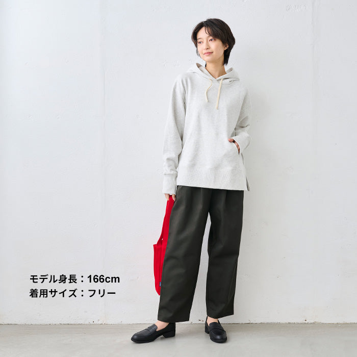 コットン100%しっかりツイル ワイドタックテーパードパンツ カーキグレー