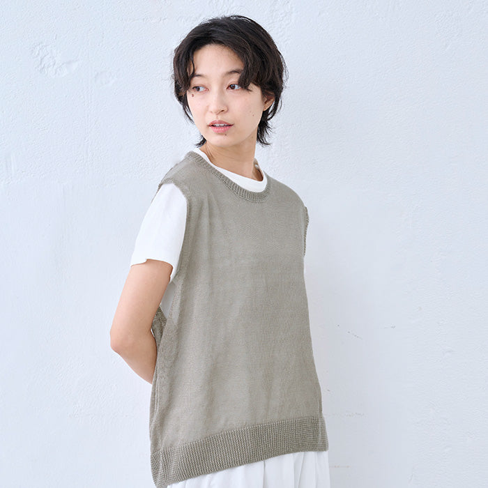 リネン100％ニット ベスト　グレージュ