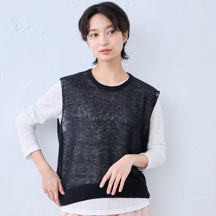 リネン100％ニット ベスト　ブラックネイビー