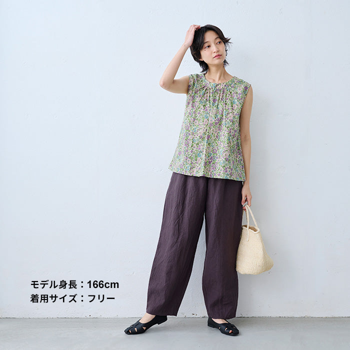 40番手フレンチリネン100%切り替えカーブパンツ ダークパープル