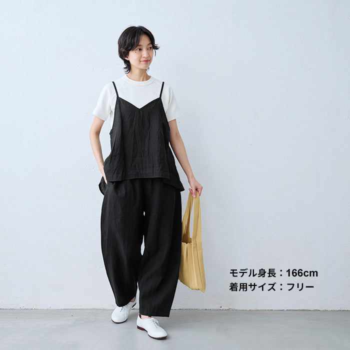 40番手フレンチリネン100%切り替えカーブパンツ ブラック
