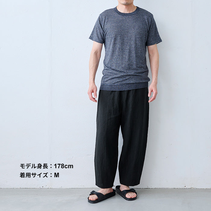 プレミアムリネン100% メンズ 編立リブ使いプルオーバー 杢ネイビー