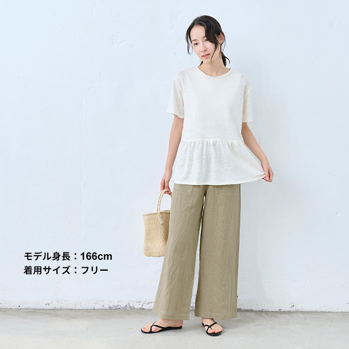 40番手強撚リネン100% ベイカーワイドパンツ ベージュ