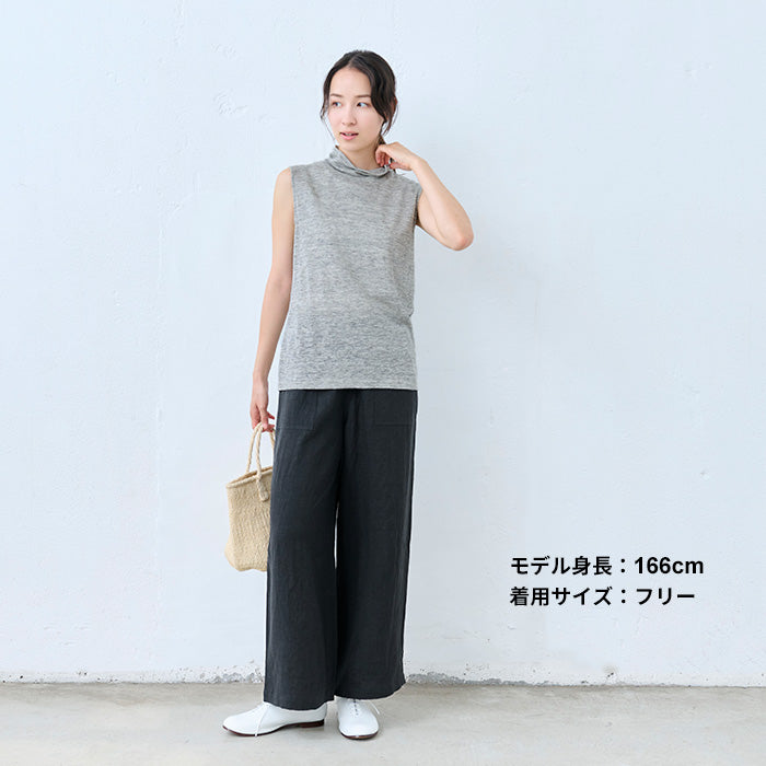 40番手強撚リネン100% ベイカーワイドパンツ ブラック