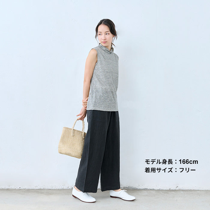 40番手強撚リネン100% ベイカーワイドパンツ ブラック