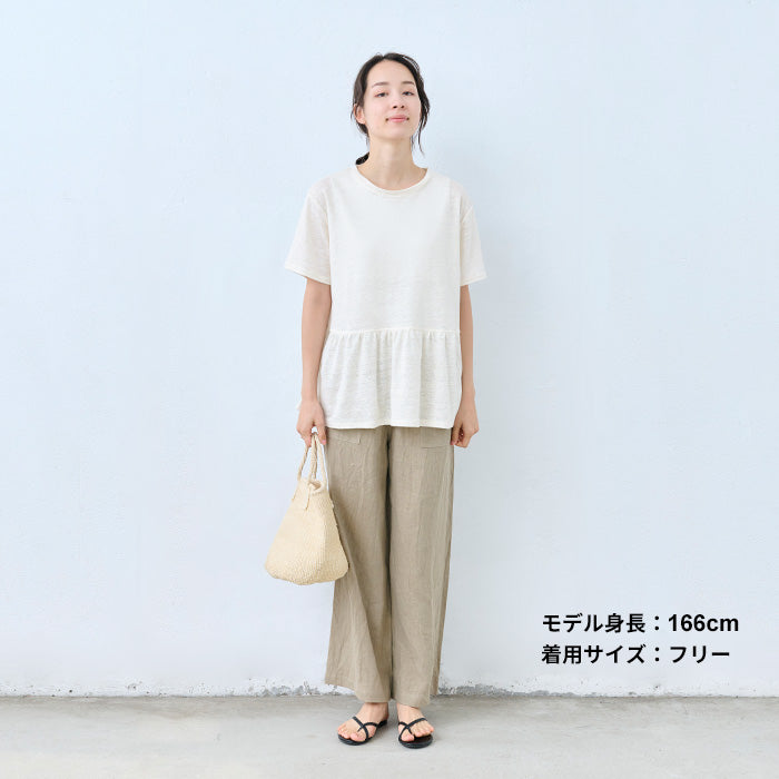 リネン100% ギャザー切り替えTシャツ オフホワイト