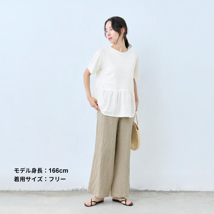 リネン100% ギャザー切り替えTシャツ オフホワイト