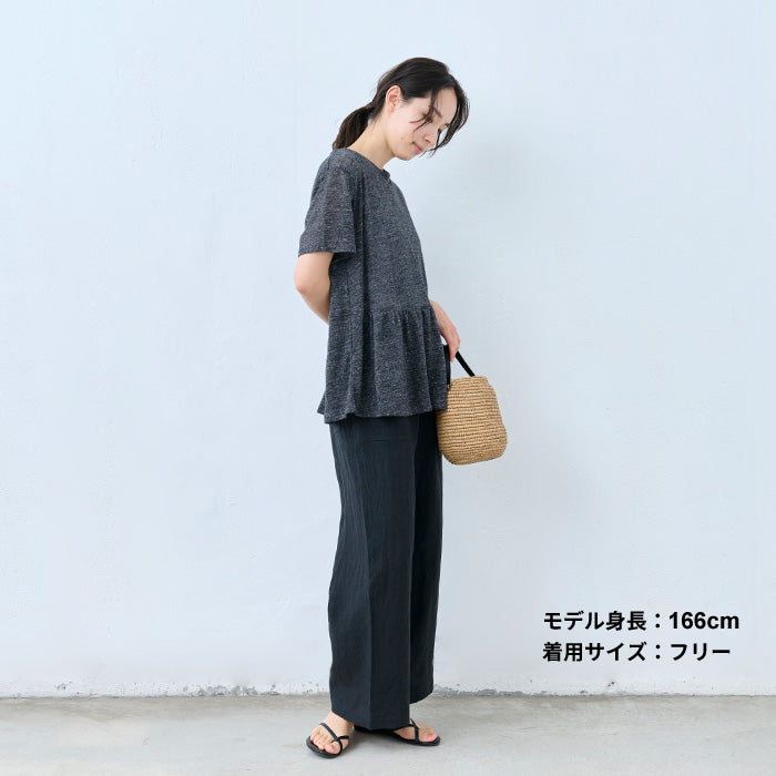 リネン100% ギャザー切り替えTシャツ チャコールグレー