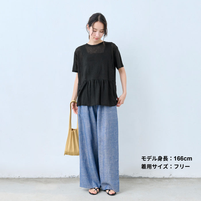リネン100% ギャザー切り替えTシャツ ブラック