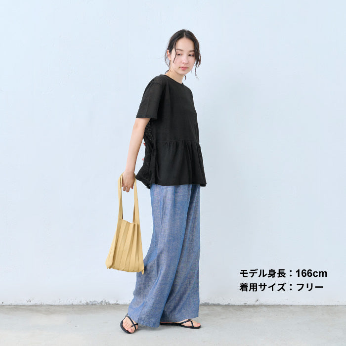 リネン100% ギャザー切り替えTシャツ ブラック