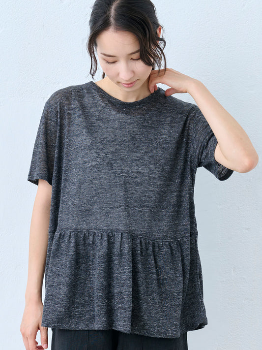 リネン100% ギャザー切り替えTシャツ