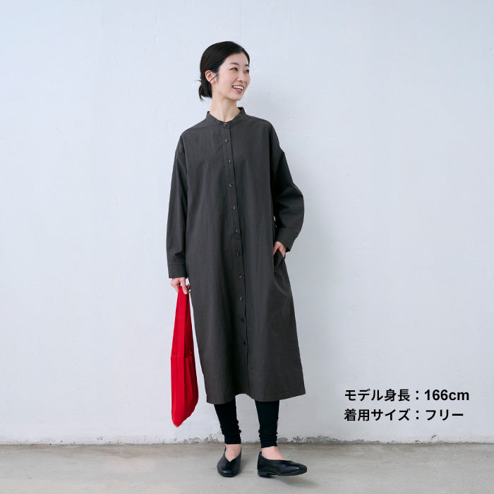 近江晒コットン100% バンドカラーシャツワンピース スミクロ