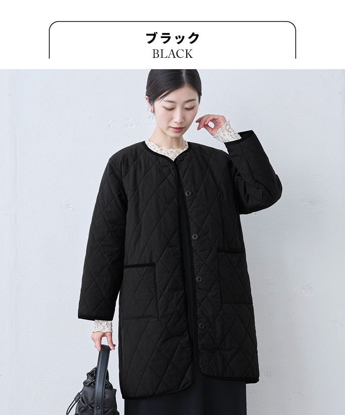 コットンリネン 中綿キルト ロングコート ブラック