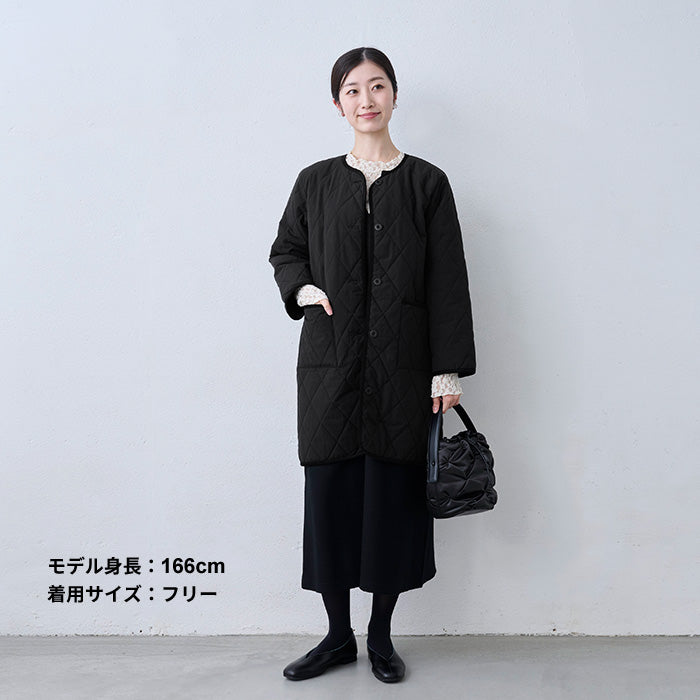 コットンリネン 中綿キルト ロングコート ブラック