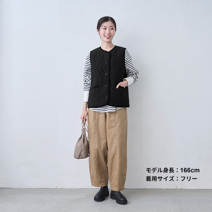 コットンリネン 中綿キルトベスト ブラック